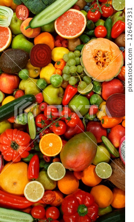 Different Types of Fresh Fruit and Vegetables on a Pile , Close-up 126407331