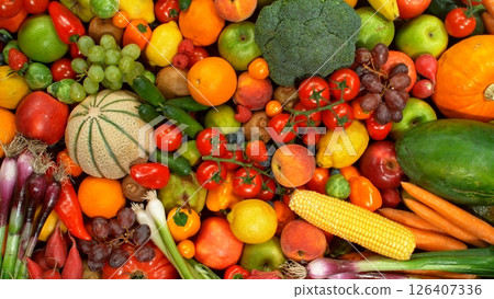 Different Types of Fresh Fruit and Vegetables on a Pile , Close-up 126407336