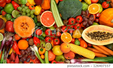 Different Types of Fresh Fruit and Vegetables on a Pile , Close-up Different Types of Fresh Fruit and Vegetables on a Pile , Close-up 126407337