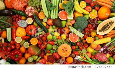 Different Types of Fresh Fruit and Vegetables on a Pile , Close-up 126407338