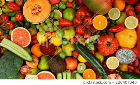 Different Types of Fresh Fruit and Vegetables on a Pile , Close-up 126407340