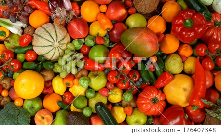 Different Types of Fresh Fruit and Vegetables on a Pile , Close-up 126407348