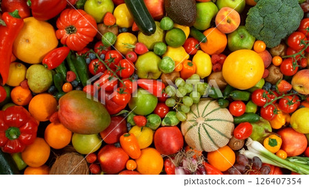 Different Types of Fresh Fruit and Vegetables on a Pile , Close-up 126407354