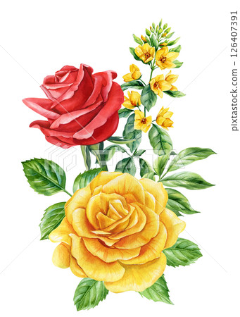 Watercolor yellow wildflowers collection with green leaves. Hand-painted floral design elements on white background. 126407391