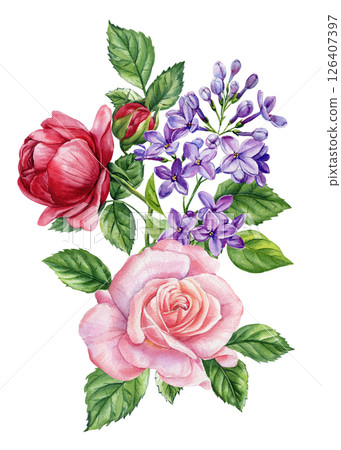 Beautiful watercolor bouquet with pink rose, red peony, and purple lilac flowers. Botanical floral composition on white. 126407397