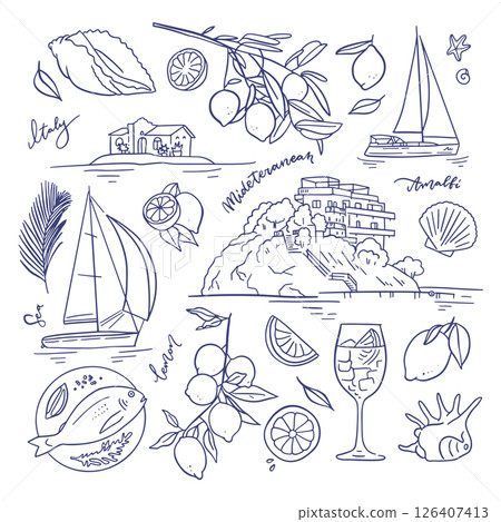 Mediterranean summer vacation sketch style elements set. Hand drawn vintage ink Italian coast sea or beach print - houses, boats, fish and lemons. Sea weekend or rest collection. Elegant vector 126407413