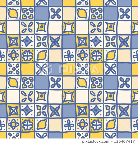 Doodle Mediterranean Amalfi Coast seamless pattern. Citrus on ceramic tile. Portuguese, Sicilian, Spanish tile traditional design. Backdrop for wrapping paper, fabric, textile. Vector illustration. 126407417