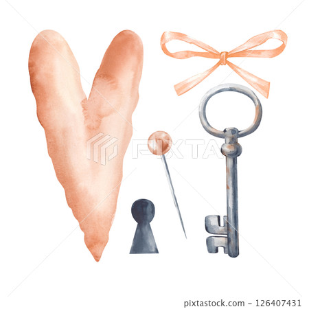 Watercolor mini-set with a heart, a rusty key, a bow, a pin and a keyhole. The illustration on the theme of love is isolated on a white background. For design for Valentine's day, wedding. A clipart 126407431