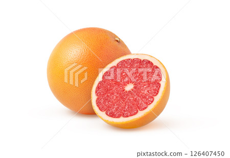 Juicy grapefruit and a half isolated. Halved grapefruit. Grapefruit cut and whole grapefruit. Juicy grapefruit and a half isolated. Halved grapefruit. Grapefruit cut and whole grapefruit. 126407450