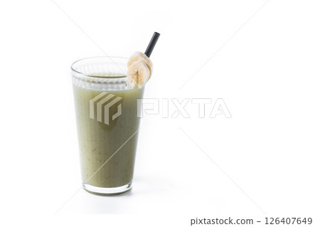 Green smoothie with spinach,banana, apple, and lemon isolated on white background 126407649
