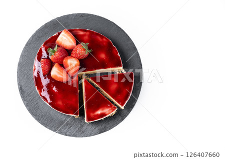 Cheesecake with strawberries isolated on white background Cheesecake with strawberries isolated on white background 126407660