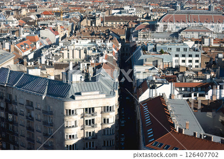 Narrow street running through dense european cityscape in Budapest, Hungary 126407702