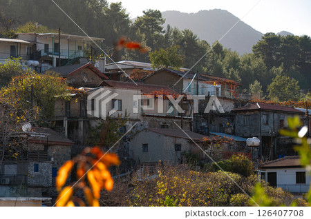 Platanistasa village houses in autumn, troodos mountains, Pitsilia region, Cyprus Platanistasa village houses in autumn, troodos mountains, Pitsilia region, Cyprus 126407708