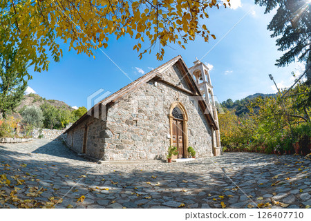 Stone church in Platanistasa village, Troodos mountains, Cyprus, during autumn Stone church in Platanistasa village, Troodos mountains, Cyprus, during autumn 126407710