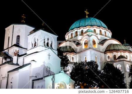 Saint Sava temple shining during night time in Belgrade, Serbia Saint Sava temple shining during night time in Belgrade, Serbia 126407716