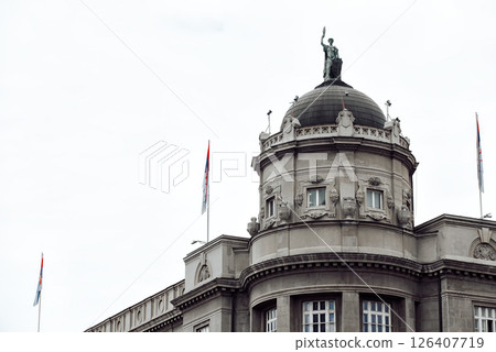 Belgrade, Serbia - ministry of finance building showing serbian flags waving 126407719
