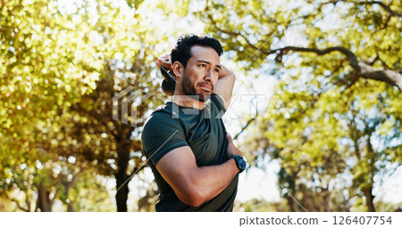 Fitness, outdoor and man workout with kettlebell for tricep extension, health or intense exercise for wellness. Bodybuilder, strength training and weightlifting for muscle growth, power and strong 126407754