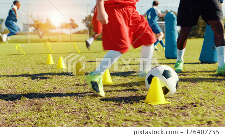 Sports field, soccer player and children with ball, cardio and athlete with energy for practice in morning. Playing, football and kids with sportswear for game, growth and development with fitness 126407755
