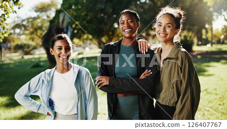 Portrait, women or athlete friends in park on break in outdoor training, workout or support in morning. Proud girls, confidence or happy people with smile for fitness, teamwork or exercise in nature 126407767
