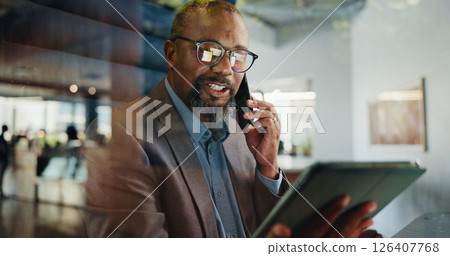 Phone call, planning and tablet with business black man in office for communication or update. App, conversation and strategy with mature employee in workplace for accounting or finance feedback Phone call, planning and tablet with business black man in office for communication or update. App, conversation and strategy with mature employee in workplace for accounting or finance feedback 126407768