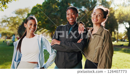Portrait, women or fitness friends in nature on break in outdoor training, workout or support in morning. Proud girls, athletes or happy people with smile for confidence, teamwork or exercise in park Portrait, women or fitness friends in nature on break in outdoor training, workout or support in morning. Proud girls, athletes or happy people with smile for confidence, teamwork or exercise in park 126407773