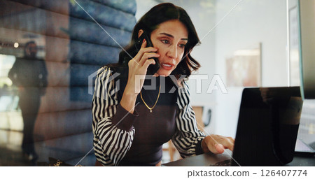 Laptop, phone call and planning with business woman in office for communication or update. Computer, conversation and strategy with mature employee in workplace for accounting or finance feedback Laptop, phone call and planning with business woman in office for communication or update. Computer, conversation and strategy with mature employee in workplace for accounting or finance feedback 126407774