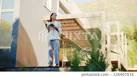 Break, coffee and thinking with woman on veranda of home for future, planning or vision. Idea, morning and patio with freelance employee drinking caffeine beverage outdoor in backyard for remote work 126407816
