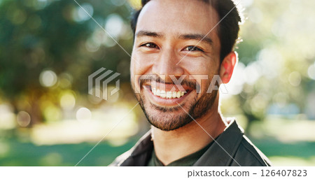 Portrait, man and happy athlete in park on break in outdoor training, workout and nature in morning. Face, confidence and healthy male person with smile for fitness, wellness and exercise in Mexico Portrait, man and happy athlete in park on break in outdoor training, workout and nature in morning. Face, confidence and healthy male person with smile for fitness, wellness and exercise in Mexico 126407823