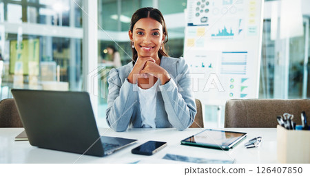 Office, happy woman and portrait with laptop for accountant, auditing and investment research. Business, female person and financial consultant with digital for finance agency, information and review Office, happy woman and portrait with laptop for accountant, auditing and investment research. Business, female person and financial consultant with digital for finance agency, information and review 126407850