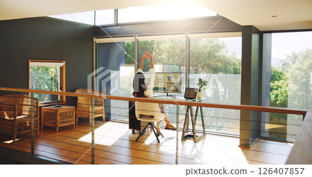 Computer screen, market research and stretching with woman in home office for remote work. Back, infographic and window with freelance employee in apartment for data, information or statistics Computer screen, market research and stretching with woman in home office for remote work. Back, infographic and window with freelance employee in apartment for data, information or statistics 126407857