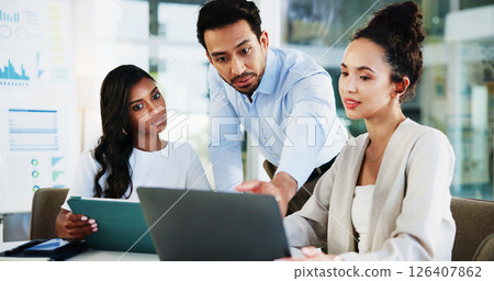 Business, laptop and people with discussion in meeting for finance forecasting, market trends analysis or feedback. Financial analyst, group and online report for performance monitor or stats insight 126407862