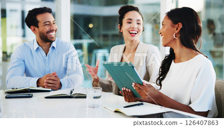 Tablet, discussion and business people in office with teamwork, collaboration or review on report. Technology, laughing and group of financial advisors with company investment, planning or revenue. 126407863