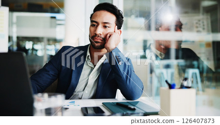 Business, bored and man with laptop, thinking and waiting for email, decision and tired. Person, consultant or employee in office, pc or choice with fatigue, exhausted or online reading with internet Business, bored and man with laptop, thinking and waiting for email, decision and tired. Person, consultant or employee in office, pc or choice with fatigue, exhausted or online reading with internet 126407873