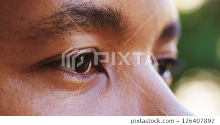 Eyes, future and vision with person outdoor, closeup for daydreaming, hope or thinking. Concentration, mindfulness and thoughtful with contemplation in nature for ideas, memories or planning Eyes, future and vision with person outdoor, closeup for daydreaming, hope or thinking. Concentration, mindfulness and thoughtful with contemplation in nature for ideas, memories or planning 126407897