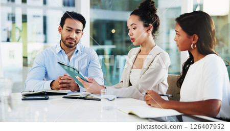 Tablet, meeting and business people in office with teamwork, collaboration or review on report. Technology, discussion and group of financial advisors with company investment, profit or revenue. 126407952