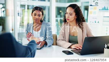 Business, discussion and people with documents in meeting to assess financial performance, forecasting or planning. Finance manager, teamwork or stats report for timeline review or cash flow analysis 126407954