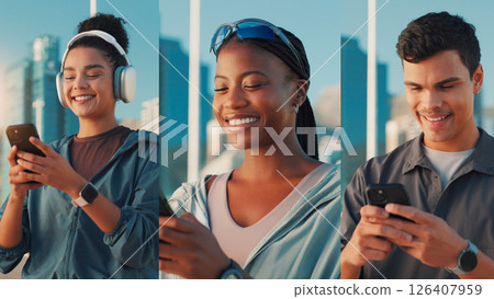 Montage, fitness or people with smile, smartphone or social media with influencer, training or internet. Group, texting or athlete in city, cellphone or collage with digital app or message to contact 126407959