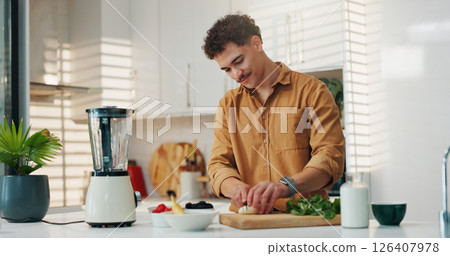 Man, smoothie and cut vegetables in kitchen for breakfast shake, meal replacement and diet nutrition. Blender, person and ingredients preparation in home for healthy recipe, fresh fruit and wellness Man, smoothie and cut vegetables in kitchen for breakfast shake, meal replacement and diet nutrition. Blender, person and ingredients preparation in home for healthy recipe, fresh fruit and wellness 126407978