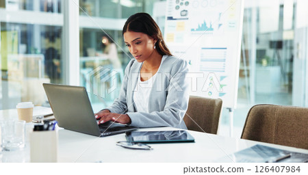 Business, woman and typing on laptop at desk for account management, finance report and budget proposal. Reading, accountant and technology for tax compliance, investment project and auditing review 126407984