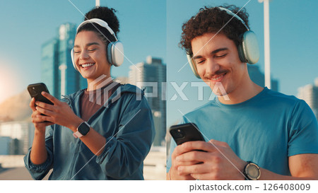 Montage, fitness or people with smile, cellphone or social media with sound, exercise or internet. Man, headset woman in city, smartphone or collage with app, message and listening to music or song 126408009