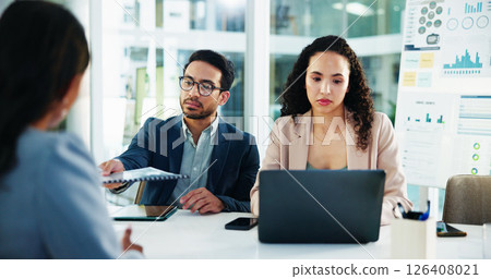 Business, laptop and people with document in meeting for budget projection, forecasting or finance presentation. Financial analyst, teamwork and data report for timeline review and cash flow analysis 126408021