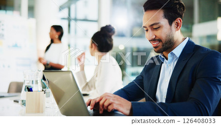Business, man and happy with laptop in presentation for typing minutes, data report and financial summary. Accounting firm, people or administrator in meeting for investment proposal or budget update 126408033