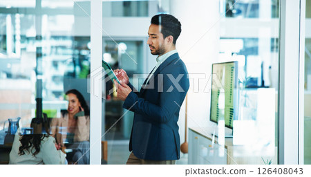 Scroll, thinking and businessman with tablet for accounting, economy update or finance report in office. Typing, online and financial advisor with advice for portfolio, research graphs or investment 126408043