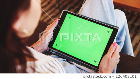 Green screen, sofa and woman in home on tablet for research, browse website and internet. Mockup space, lounge and above of person on digital tech for email, connection and media at tracking markers Green screen, sofa and woman in home on tablet for research, browse website and internet. Mockup space, lounge and above of person on digital tech for email, connection and media at tracking markers 126408101