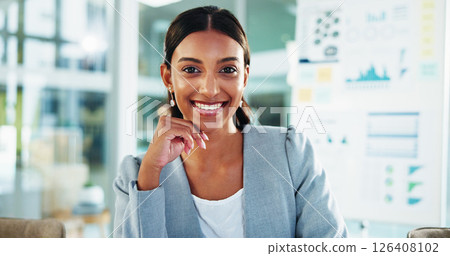 Office, businesswoman and smile in portrait for accountant, professional career or about us with pride. Workplace, female person or financial consultant with happiness for finance agency or corporate Office, businesswoman and smile in portrait for accountant, professional career or about us with pride. Workplace, female person or financial consultant with happiness for finance agency or corporate 126408102