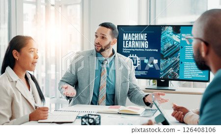 Machine learning, business people and ai with teamwork, talking and cyber security with software update. Feedback, employees and tech expert in office, development and display with data scientist 126408106