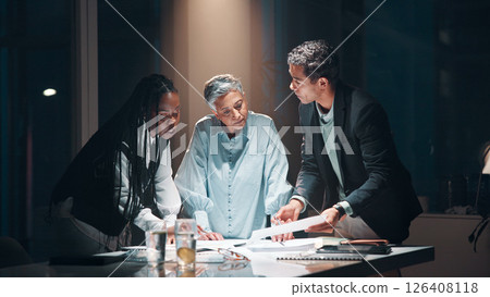 Management, paperwork and business people at night meeting for overtime, planning or research. Creative startup, collaboration and man with woman for project, proposal and brainstorming in office 126408118