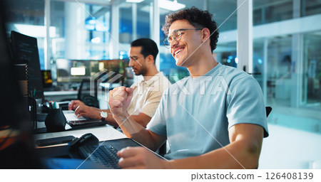 Fist pump, happy and business man on computer for online bonus, stock market and investment success. Corporate, coworking office and person celebrate for financial achievement, profit and promotion Fist pump, happy and business man on computer for online bonus, stock market and investment success. Corporate, coworking office and person celebrate for financial achievement, profit and promotion 126408139