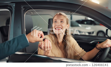 New car, happy woman or hand of salesman with keys at dealership for purchase success, transport hire or buyer. Driver, give or customer with smile for automobile collection, loan or rental agreement 126408141