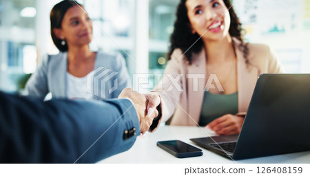 Shaking hands, interview and business people with discussion in meeting for recruitment, deal or welcome. Handshake, laptop and human resources employees for worker onboarding, agreement or promotion Shaking hands, interview and business people with discussion in meeting for recruitment, deal or welcome. Handshake, laptop and human resources employees for worker onboarding, agreement or promotion 126408159